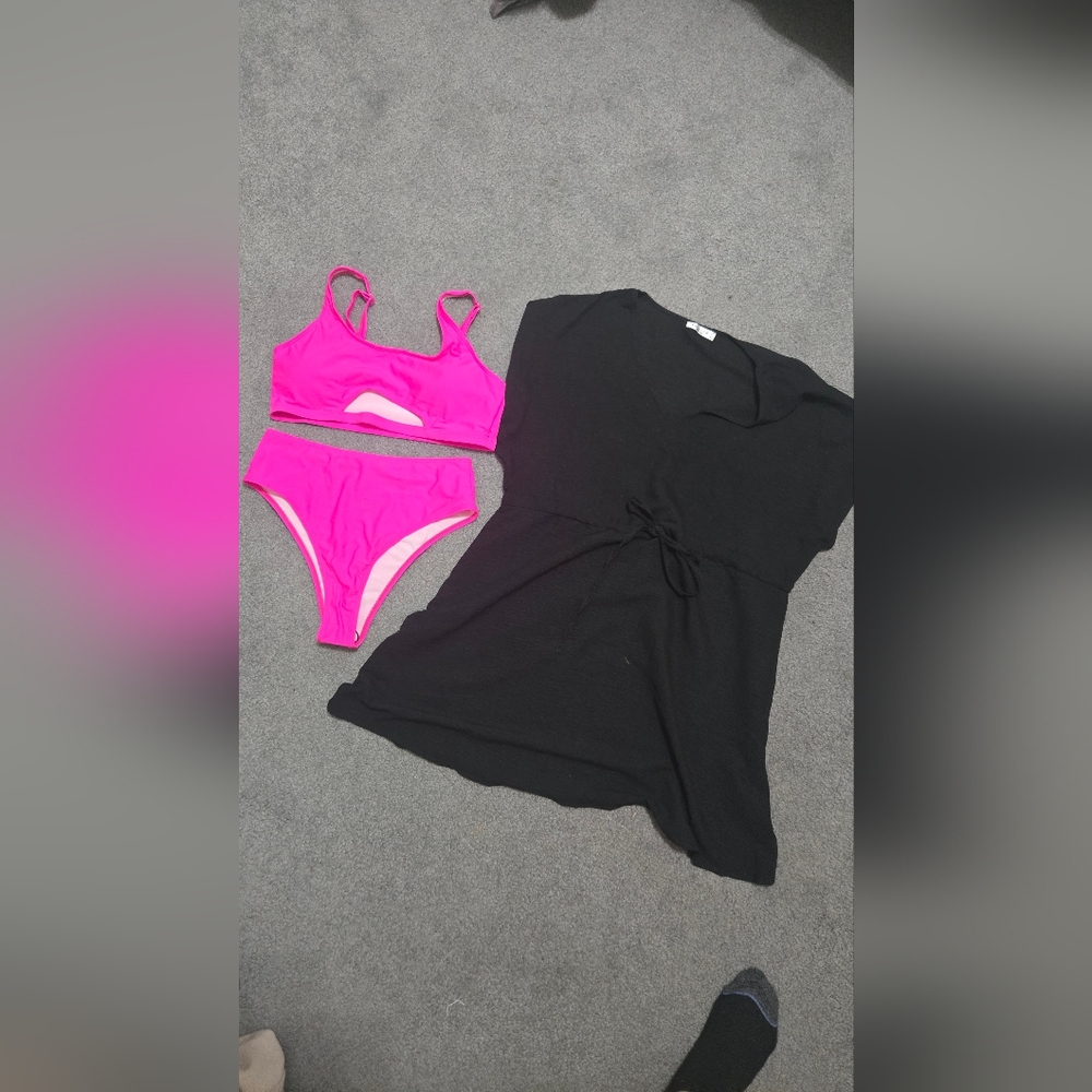 Pink Bikini Set with Black Cover-Up